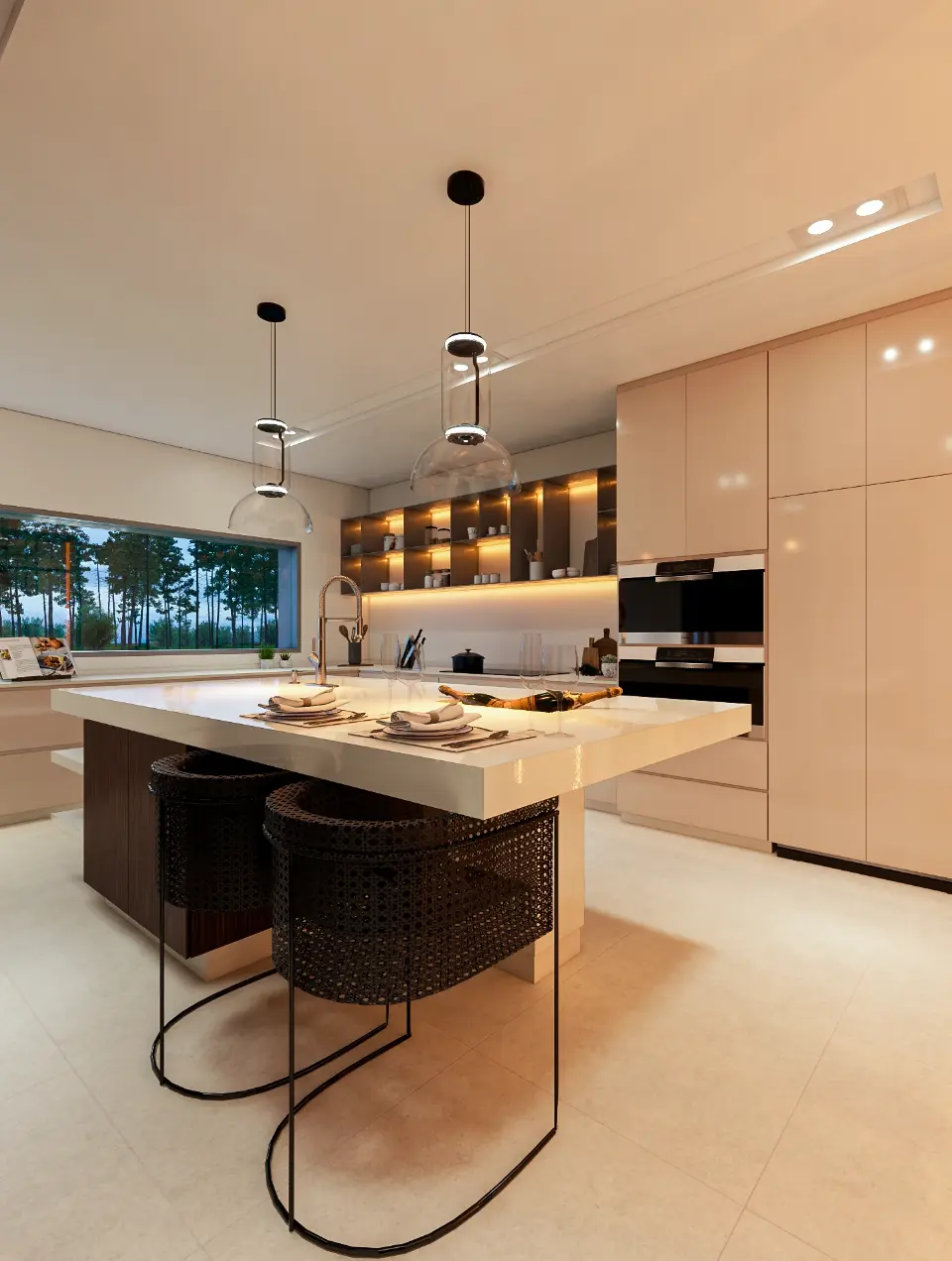 Cozinha contemporânea lacada beige com ilha de grandes dimensões                                                                  